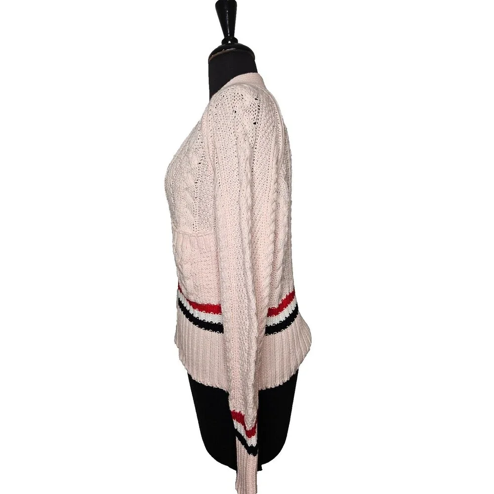 BONNER of IRELAND Women's Cable Knit Cardigan Sweater Medium Pink Striped Preppy - Picture 4 of 12